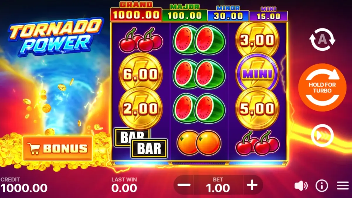 Tampilan visual slot Tornado Power: Hold and Win dengan tema badai dan simbol buah klasik.