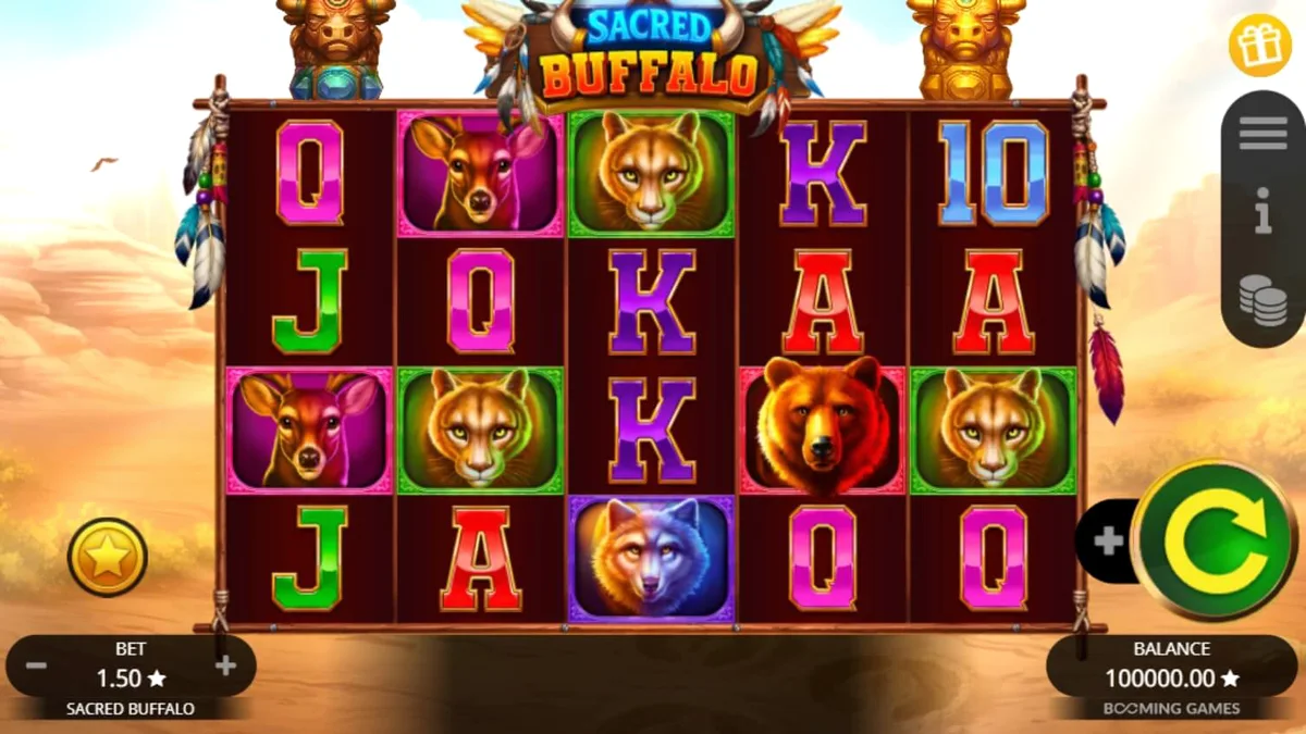 Pemandangan gurun Wild West dengan simbol kerbau megah di slot Sacred Buffalo